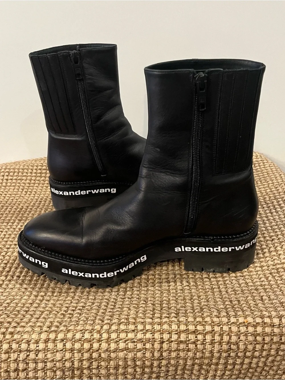 Alexander Wang Sanford Black Chelsea Ankle Boots Lug Logo Platform Size 8